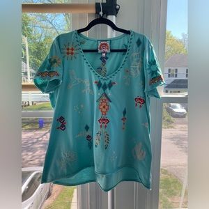 Johnny Was short sleeve tee with southwest embroidered theme.